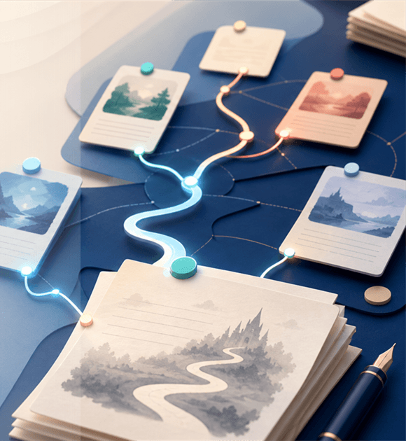 Story cards connected by branching relay paths